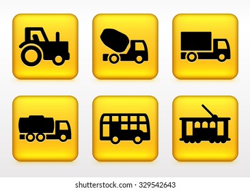 Construction Vehicles and Transportation on Yellow Square Buttons