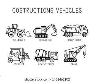 Construction vehicles vector set. Design could be used on decal, prints, stencil, t-shirt printing etc