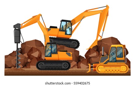 Construction vehicles working at site illustration