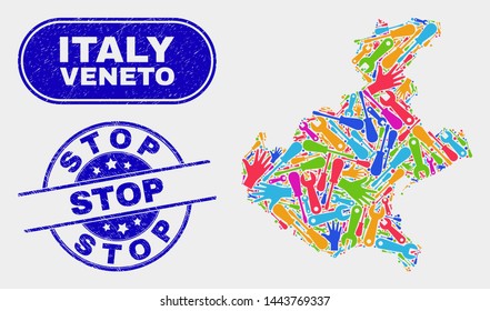 Construction Veneto region map and blue Stop scratched seal. Bright vector Veneto region map mosaic of tools items. Blue rounded Stop seal.