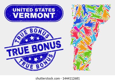 Construction Vermont State map and blue True Bonus distress seal stamp. Colored vector Vermont State map mosaic of mechanics parts. Blue rounded True Bonus imprint.