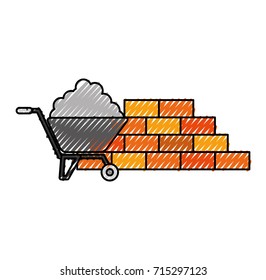 construction wall brick with wheelbarrow cement tool