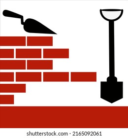 Construcción de un muro o edificio. Ladrillos, palas, cemento. construcción con un vector de icono de glifo de ladrillo. Ilustración del vector