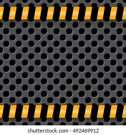 Construction warning black and orange lines on perforated metal (chrome, steel, iron, silver) texture seamless vector pattern dotted technological metallic background template with big round holes