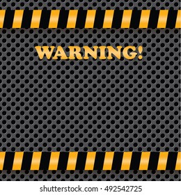 Construction warning black and orange lines on perforated metal (chrome, steel, iron, silver) texture seamless vector pattern dotted technological metallic background template with text "Warning!"