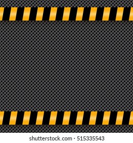 Construction warning black and orange lines on perforated metal (chrome, steel, iron, silver) texture seamless vector pattern dotted technological metallic background template with big small holes