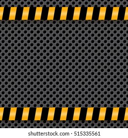 Construction warning black and orange lines on perforated metal (chrome, steel, iron, silver) texture seamless vector pattern dotted technological metallic background template with big small holes