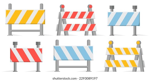 Construction warning fence collection in a flat design. Under construction road barrier