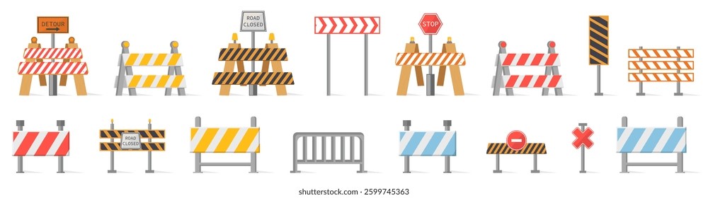 Construction warning fence collection in a flat design. Under construction road barrier