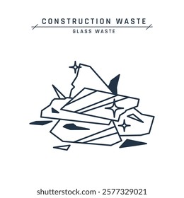 Construction waste. Broken glass, mirrors, destroyed windows, Demolition trash. Pile of building scrap. Industrial garbage on a site or landfill. Vector flat icon isolated on a white background.