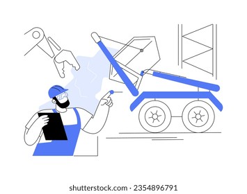 Ilustración de vectores de concepto abstracto de gestión de residuos de construcción. Los trabajadores de fábrica controlan la remoción de basuras de la construcción, la atención ecológica, la metáfora abstracta de manejo de residuos industriales.