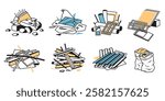 Construction waste. Piles of building scrap. Concrete, glass, plastic, wooden, metal, renovation, roofing, loose trash. Industrial demolition garbage on a jobsite. Vector icon pack in flat style.