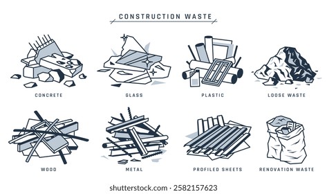 Construction waste. Piles of building scrap. Concrete, glass, plastic, wooden, metal, renovation, roofing, loose trash. Industrial demolition garbage on a jobsite. Vector icon pack in flat style.