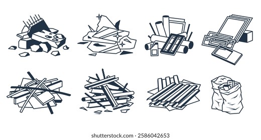 Construction waste. Piles of building scrap. Concrete, glass, plastic, wooden, metal, renovation, roofing, loose trash. Industrial demolition garbage on a jobsite. Vector icon pack in flat style.