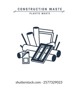 Construction waste. Plastic debris. Pile of industrial junk on a landfill or site. Pipes, tubes, PVC window, bottles. Home renovation rubbish. Vector flat icon isolated on a white background.