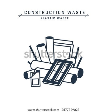 Construction waste. Plastic debris. Pile of industrial junk on a landfill or site. Pipes, tubes, PVC window, bottles. Home renovation rubbish. Vector flat icon isolated on a white background.