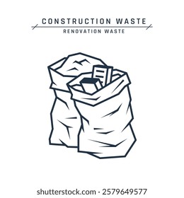 Construction waste removal. Bags with renovation trash. Brick, concrete and loose garbage in polythene sacks. Demolition garbage on a site or landfill. Vector flat icon isolated on a white background.