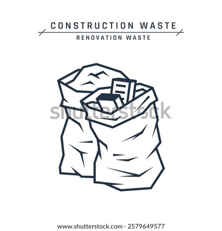 Construction waste removal. Bags with renovation trash. Brick, concrete and loose garbage in polythene sacks. Demolition garbage on a site or landfill. Vector flat icon isolated on a white background.