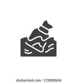Residuos de construcción, icono del vector de contaminación del agua. signo plano relleno para concepto móvil y diseño web. Bolsa de plástico en el icono de glifo de ondas. Símbolo de contaminación oceánica, ilustración del logo. Gráficos vectoriales