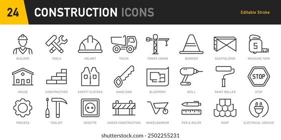 Construction web icons in line style. Building, engineer, business, road, repair tools, equipment, helmet, crane, builder, industry collection. Vector illustration.	