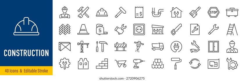 Ícones da Web de construção em estilo de linha. Construção, engenheiro, negócios, estrada, ferramentas de reparação, equipamento, capacete, guindaste, construtor, coleção da indústria. Traçado editável. Ilustração vetorial.