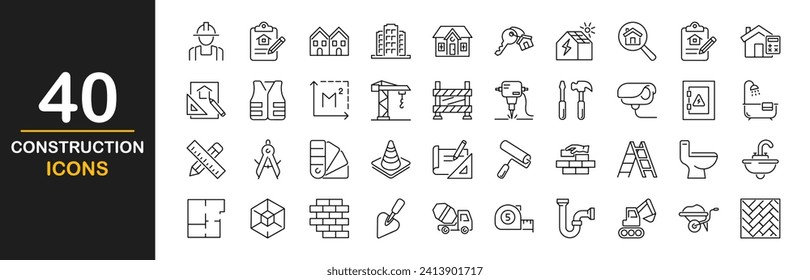 Juego de iconos de la web de construcción. Construcción y construcción - colección simple de iconos de línea delgada. Consta de construcción, grúa, ingeniero, trabajador, negocios, carreteras, industria y más. Conjunto simple de iconos web