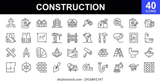 Construction web icons set. Build and construction - simple thin line icons collection. Containing building, crane, engineer, worker, business, road, industry and more. Simple web icons set