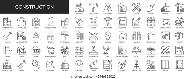 Construction web icons set in thin line design. Pack of paint roller, step ladder, tools, trowel, building, crane, drawing, fence, real estate, other outline stroke pictograms. Vector illustration.