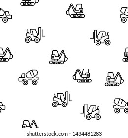 Construction Wheel Vehicle Seamless Pattern Vector. Tractor Excavator, Concrete Mixer And Forklift Vehicle Monochrome Texture Icons. Machine Technic Equipment Template Flat Illustration