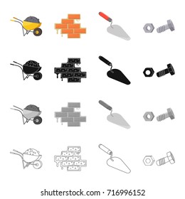 Construction wheelbarrow, brickwork, trowel, bolt with nut. Construction and repair set collection icons in cartoon black monochrome outline style vector symbol stock illustration web.