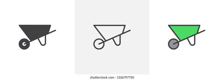 Construction wheelbarrow icon. Line, glyph and filled outline colorful version, farm wheel barrow outline and filled vector sign. Symbol, logo illustration. Different style icons set. Pixel perfect 
