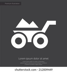 construction wheelbarrow premium illustration icon, isolated, white on dark background, with text elements 