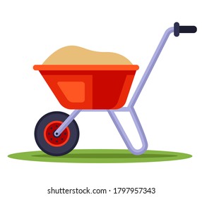 construction wheelbarrow with sand. transport fertilizers for the garden. flat vector illustration isolated on white background.