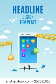 Construction White Smartphone, Software And Mobile Application Development. Vector Template Design, Flyer, Brochure, Cover Book, Page