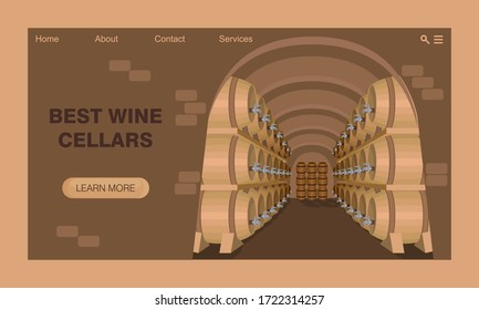 Construction of wine cellars, production of wine cabinets, sale of barrels. Winery equipment. Craft traditional wine making. Cartoon vector illustration. Website design concept, landing page template