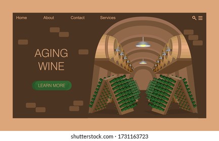 Construction of wine cellars, production of wine cabinets, storage of barrels and bottles. Winery equipment. Industrial winemaking. Cartoon vector style. Website design concept, landing page template