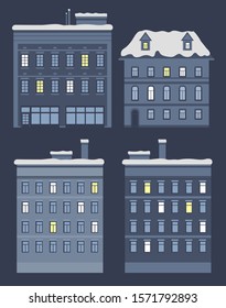 Construction at winter night. Isolated building with lights in windows and entrance. Modern architecture of home. House with roof covered with snow. Facade and exterior. Flat vector illustration