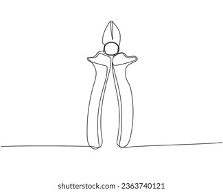 Construction wire cutters, pliers, vise grip, swagers one line art. Continuous line drawing of repair, professional, hand, people, concept, support, maintenance.