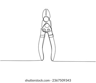 Construction wire cutters, pliers, vise grip, swagers one line art. Continuous line drawing of repair, professional, hand, people, concept, support, maintenance.