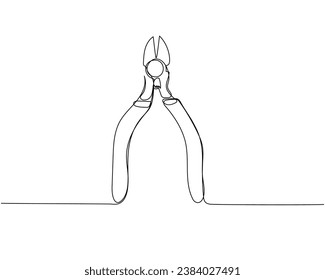 Construction wire cutters, pliers, vise grip, swagers one line art. Continuous line drawing of repair, professional, hand, people, concept, support, maintenance.