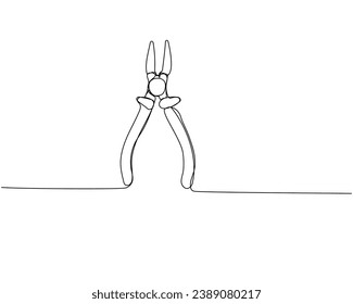 Construction wire cutters, pliers, vise grip, swagers one line art. Continuous line drawing of repair, professional, hand, people, concept, support, maintenance.