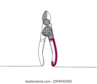 Construction wire cutters, pliers, vise grip, swagers one line art. Continuous line color drawing of repair, professional, hand, people, concept, support, maintenance. Hand drawn vector illustration