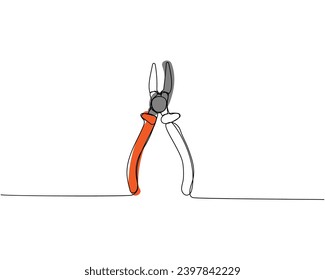 Construction wire cutters, pliers, vise grip, swagers one line art. Continuous line color drawing of repair, professional, hand, people, concept, support, maintenance.