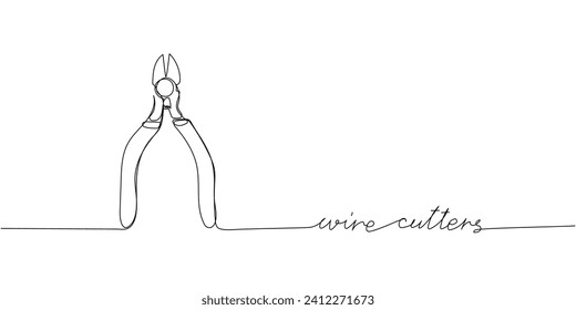 Construction wire cutters, pliers, vise grip, swagers one line art. Continuous line drawing of repair, professional, people, concept, support, maintenance with inscription, lettering, handwritten.