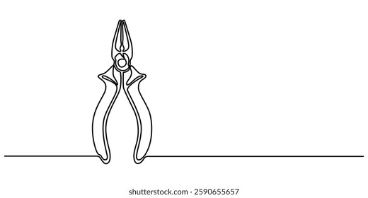 Construction wire cutters, pliers, vise grip, swagers one line art, Continuous one line drawing of pliers- engineer equipment. pliers in single line draw illustration. Editable stroke, pliers outline.