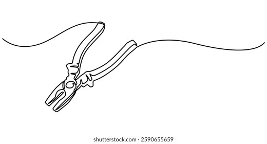 Construction wire cutters, pliers, vise grip, swagers one line art, Continuous one line drawing of pliers- engineer equipment. pliers in single line draw illustration. Editable stroke, pliers outline.