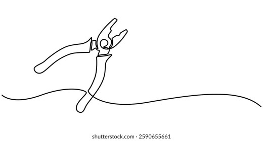 Construction wire cutters, pliers, vise grip, swagers one line art, Continuous one line drawing of pliers- engineer equipment. pliers in single line draw illustration. Editable stroke, pliers outline.