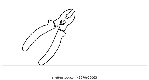 Construction wire cutters, pliers, vise grip, swagers one line art, Continuous one line drawing of pliers- engineer equipment. pliers in single line draw illustration. Editable stroke, pliers outline.