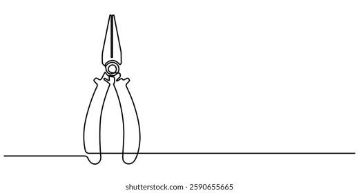 Construction wire cutters, pliers, vise grip, swagers one line art, Continuous one line drawing of pliers- engineer equipment. pliers in single line draw illustration. Editable stroke, pliers outline.