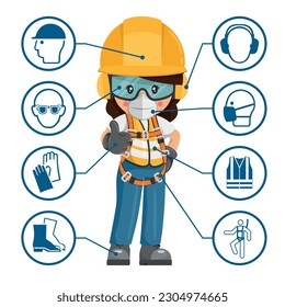 Trabajadora industrial de la construcción con equipo e iconos de protección personal, pictogramas de seguridad. Seguridad industrial y salud ocupacional en el trabajo